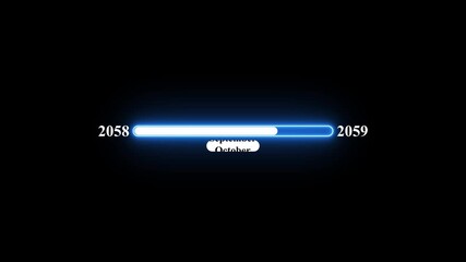 2058 to 2059 loading animation with January 2058 to January 2059 time line on black background, year progress transition, calendar time loading bar, new year change concept