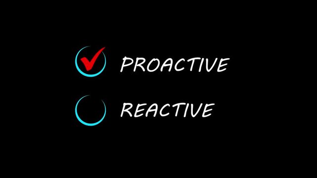 Proactive or reactive solution initiative concept on the transparent background. Motion graphics of  a checkbox with the text proactive. 4k video animation.