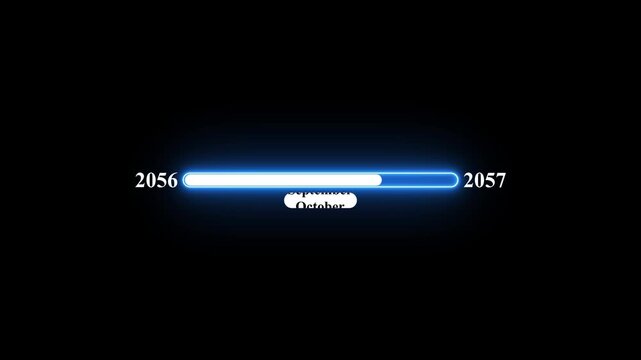 2056 to 2057 loading animation with January 2056 to January 2057 time line on black background, year progress transition, calendar time loading bar, new year change concept