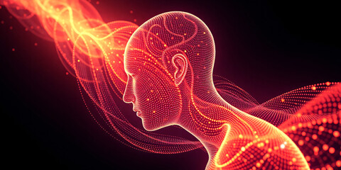 Abstract human figure with moving dots and lines. Flow of particles. Cyber technology illustration. 3d rendering