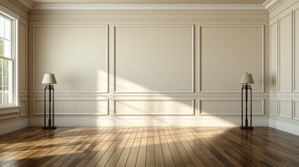 Fototapeta premium A spacious interior with wooden floors, elegant wall paneling, and two stylish lamps illuminating the light-filled room.