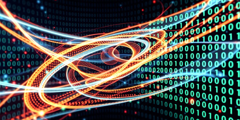 Digital binary code matrix background - 3D rendering of a scientific technology data binary code network conveying connectivity, complexity and data flood of modern digital age.