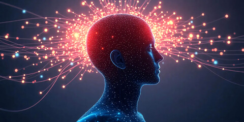 Abstract human figure with moving dots and lines. Flow of particles. Cyber technology illustration. 3d rendering