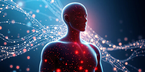 Abstract human figure with moving dots and lines. Flow of particles. Cyber technology illustration. 3d rendering
