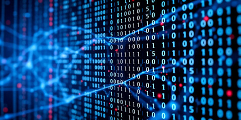 Digital binary code matrix background - 3D rendering of a scientific technology data binary code network conveying connectivity, complexity and data flood of modern digital age.