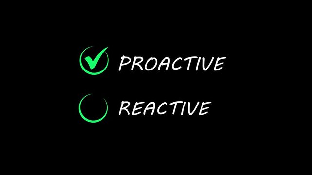 Proactive or reactive solution initiative concept on the transparent background. Motion graphics of  a checkbox with the text proactive. 4k video animation.