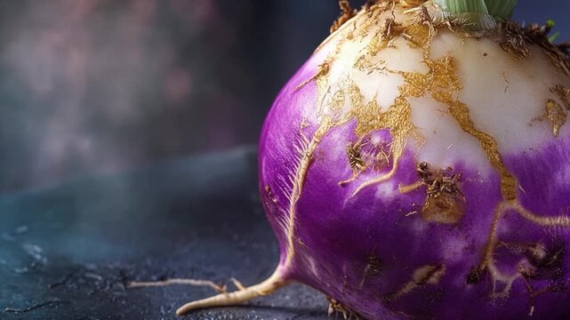 Video A close-up shot of a vibrant purple turnip on a table, perfect for food or botanical