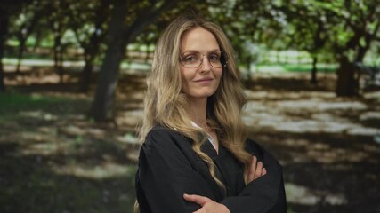 Young blonde woman judge in uniform stands confidently in a green park setting, capturing an image of authority and nature.