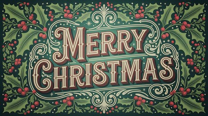 Vintage merry christmas greeting with festive holly and decorative holiday design
