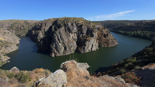 Aerial Wide Angle Establishing Shot of Duero River Canyon Meander