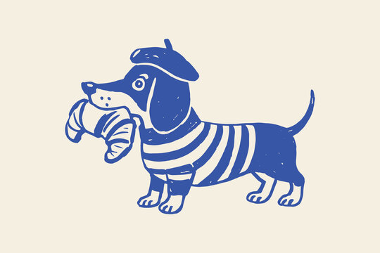 French dachshund with croissant in striped sweater vector illustration