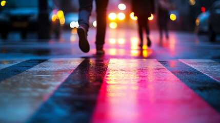 Fototapeta premium Rainy city walk: People traverse a glowing crosswalk at night, vibrant colors reflecting on the wet pavement, creating an urban scene alive with movement and light.