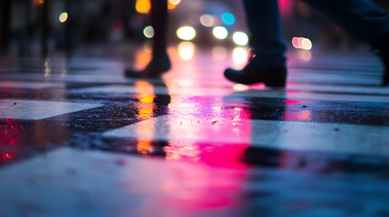 Urban crosswalk at night: People crossing a wet street, the pavement reflecting colorful lights and city ambience. Abstract city life with blurred figures. Pedestrian safety.