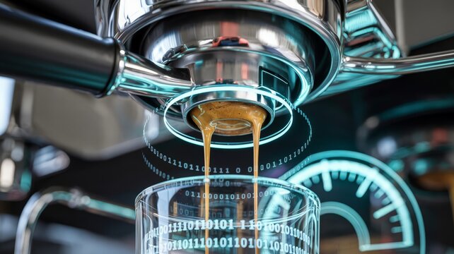 Espresso machine pouring coffee with digital binary code interface
 - Powered by Adobe