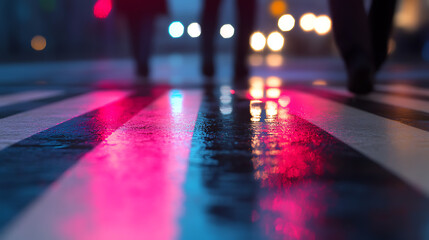 Fototapeta premium Pedestrians cross a wet street, illuminated by city lights. Reflections dance on the pavement, creating a vibrant scene with pinks and blues. An urban moment, capturing the city's pulse.