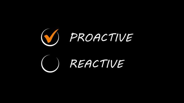 Proactive or reactive solution initiative concept on the transparent background. Motion graphics of  a checkbox with the text proactive. 4k video animation.