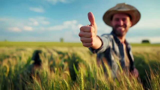 A man in a straw hat giving a thumbsup gesture in a field of tall grass under a partly cloudy sky.