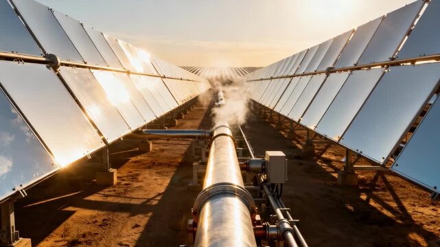 Shot of a solar thermal array in sunlight highlighting the reflective parabolic troughs directing solar rays to a central heating pipe for industrial thermal energy.