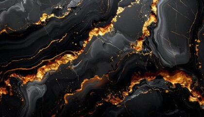 A luxe, detailed close-up of dark grey marble with gold veins and splatters