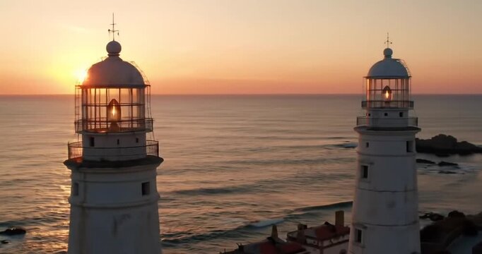 Twin lighthouses at sunset overlooking the ocean