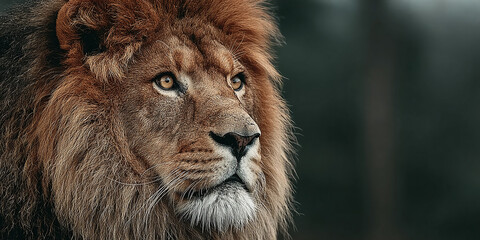 Obraz premium Majestic Lion with Fiery Gaze, a Symbol of Strength and Courage in the Wild