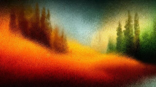 An abstract, heavily textured landscape featuring a vibrant gradient of fiery reds and oranges in the foreground, transitioning to yellows, greens, and dark teal, suggestive of a grainy forest sunset