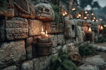 Ancient Stone Wall Illuminated by Flickering Candles in a Mysterious Outdoor Setting