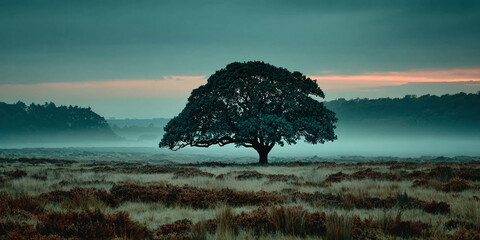 Misty Morning Serenity Lone Majestic Oak Tree Stands Tall in a Serene, Fog-Kissed Meadow at Dawn