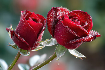 Two Red Roses with Dewdrops on a Soft Focus Background
