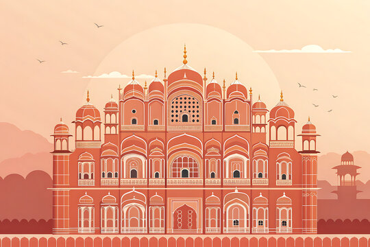 Hawa Mahal flat vector with warm orange-pink gradient tones,
