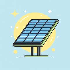 Obraz premium Stylized Vector Illustration of Solar Panel with Sun and Sparkles on Blue Background 