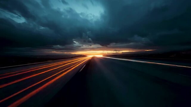 Motion blur highway scene with fast light trails stretching toward a dramatic sunset sky creating a vivid sense of speed and direction
