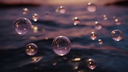 Mysterious transparent spheres float on rippling water at twilight reflecting sunset hues with internal sparkles