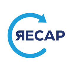 Blue "REWIND 2025" badge with curved arrow encircling bold numerals and text. High-contrast minimalist vector on white background. Ideal for year reviews, retrospectives, summaries, promotions. Scalab