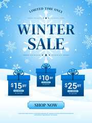 Winter sale discount promotion vector illustration. Blue gift boxes on snowflakes background