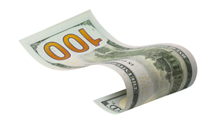 Curved hundred dollar banknote, isolated on transparent cutout background