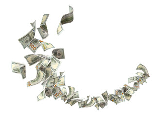 Flying hundred dollar bills swirling in dynamic motion, isolated on transparent cutout background