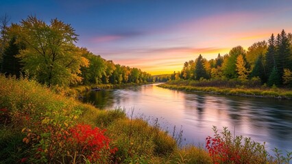 Obraz premium river flowing through autumn forest at sunset, golden hues