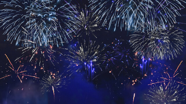 Silvester 2026 New year New Year's Eve Party, new years eve background banner panorama long- firework fireworks on rustic dark blue night sky texture