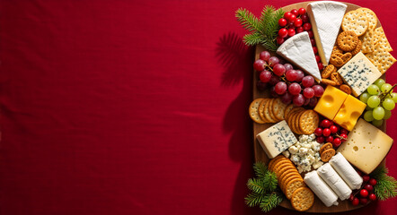 Festive holiday cheese board with a variety of appetizers. Christmas gourmet food platter flat lay on a red background with copy space for text