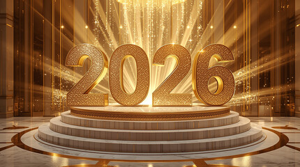 A luxurious New Year celebration scene featuring the number 2026 in large, bold 3D typography. The numbers are crafted in shimmering gold with glittering diamond-like textures, 