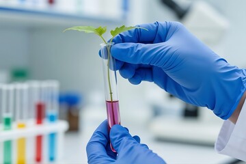 Scientific Precision: A lab technician meticulously handles a test tube containing a vibrant green plant and colored liquid, illustrating the beauty of botanical research and laboratory setting.