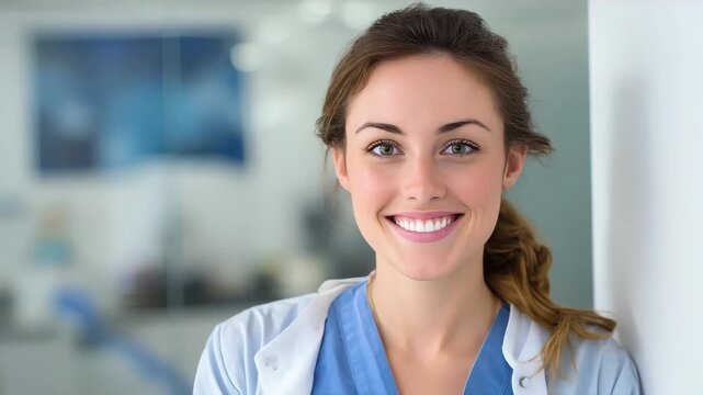 potrait Young female happy dentist at her office
