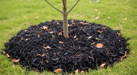 A young tree sapling with a protective circle of black mulch. Landscaping and gardening for plant care and growth on a green lawn
