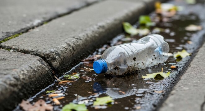 A dirty plastic bottle discarded in a street gutter. Environmental pollution from single-use plastic waste and litter.