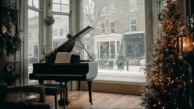 Snow falls outside a cafe with a piano and festive decorations in view during winter