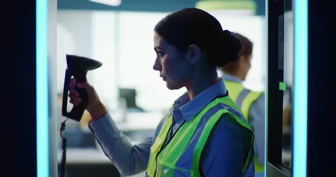 Two women in safety vests scanning items in office