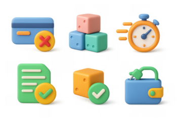 Colorful cryptocurrency icon set: digital wallet, timer, payment cards, and dice for modern fintech design