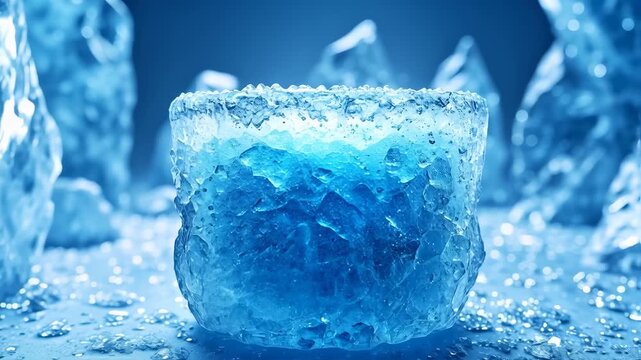A central icy cube with intricate texture in a cool blue environment with crystallized formations