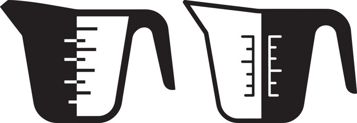 Two black and white measuring cups with volume markings